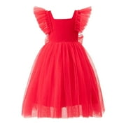 LUOGENLI Dress for Girls Girls' Dress Ruffle Short Sleeve Square Neck Backless Tutu Dresses Kids Wedding Elegant Princess Dress Clothing for Girls Big Girls Easter Dresses Size 14-16 Red 3-4 Years